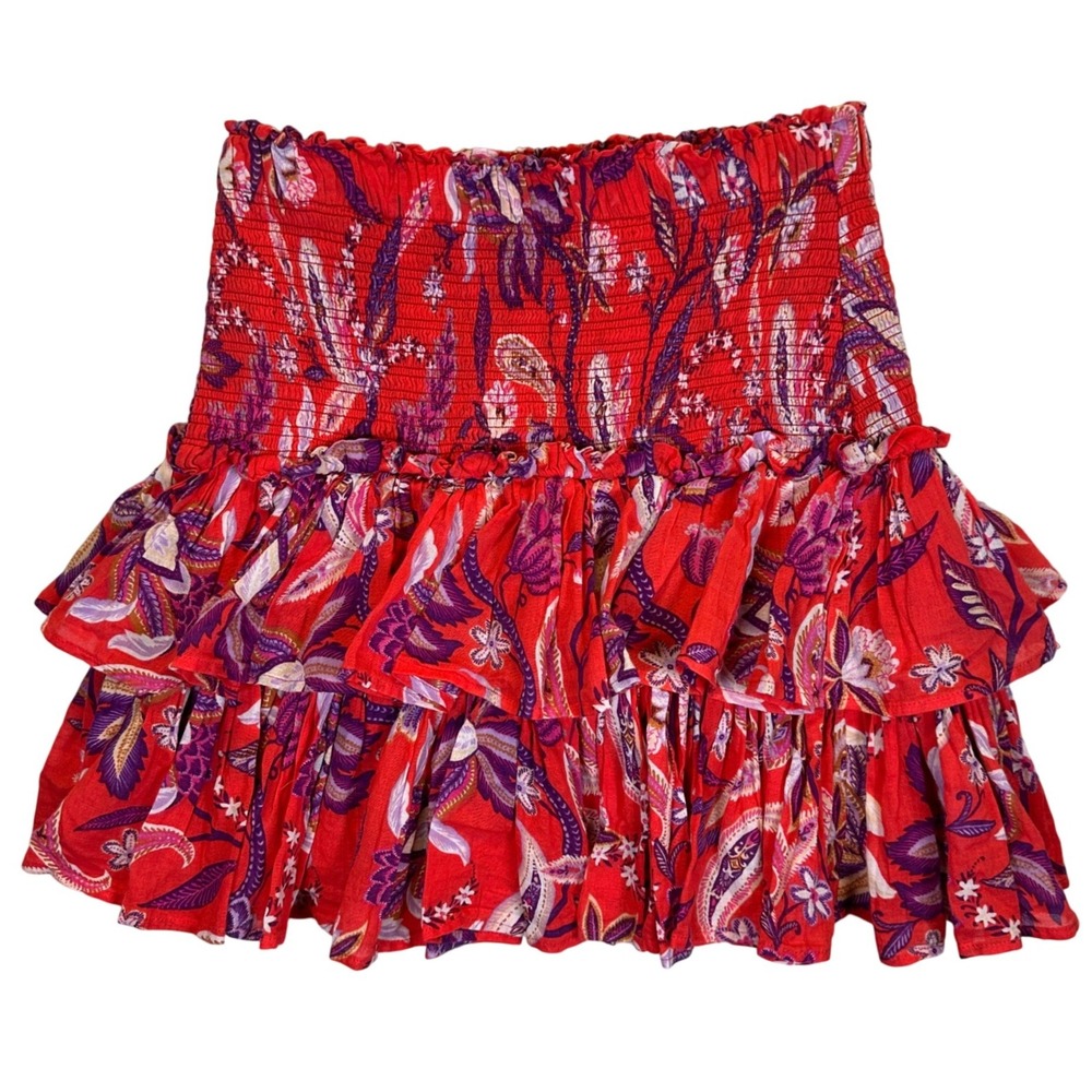 Sundry Red Floral Paisley Smocked Tiered Ruffle Mini Skirt Size 2 Cotton